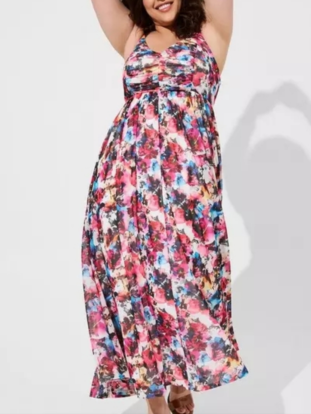 Torrid Pink Red Multicolor Floral Sleeveless Soft Mesh Pleated Maxi Dress 2X 2XL